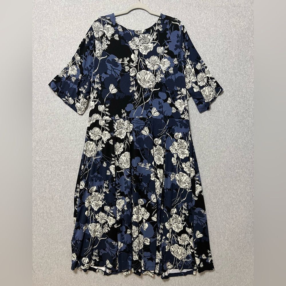 Ulla Popken Floral Midi Dress Size 2X Blue White Elbow Sleeve Dressy - Picture 5 of 10